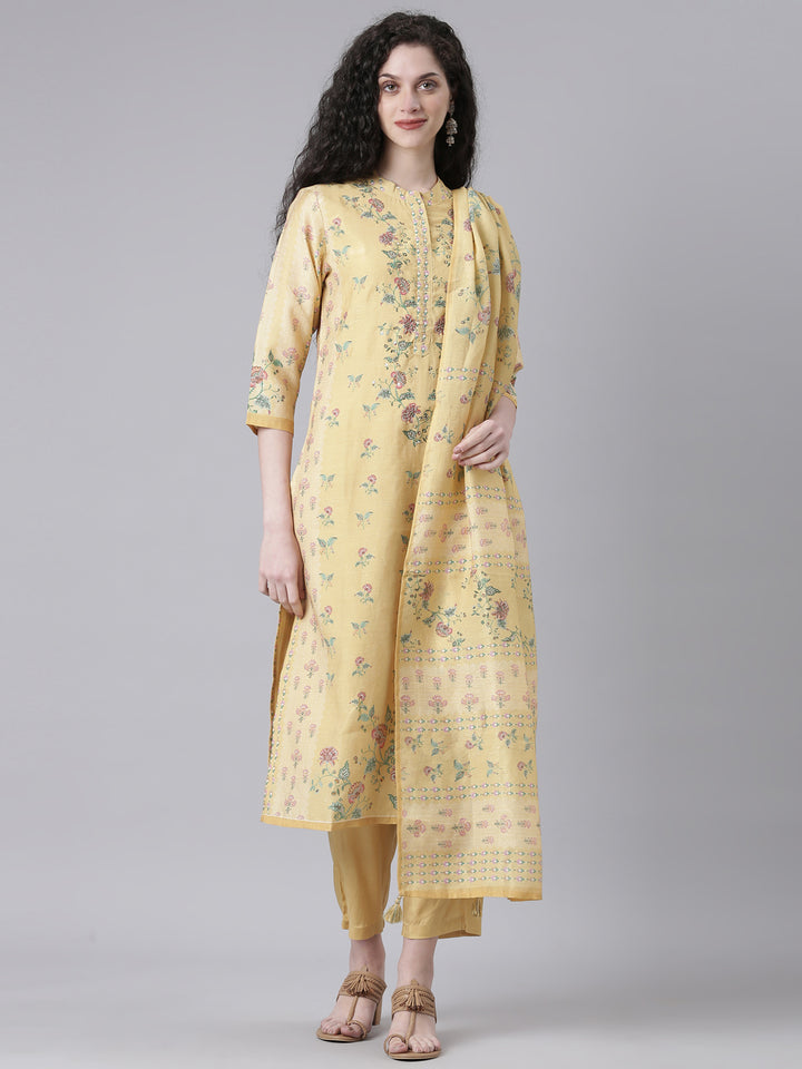 Neerus Yellow Printed Straight Kurta and Trousers With Dupatta