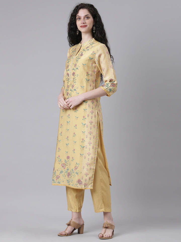 Neerus Yellow Printed Straight Kurta and Trousers With Dupatta