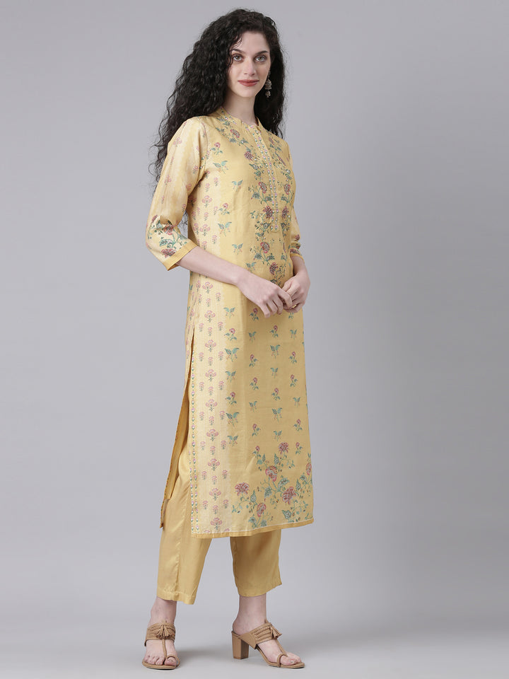 Neerus Yellow Printed Straight Kurta and Trousers With Dupatta