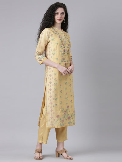 Neerus Yellow Printed Straight Kurta and Trousers With Dupatta