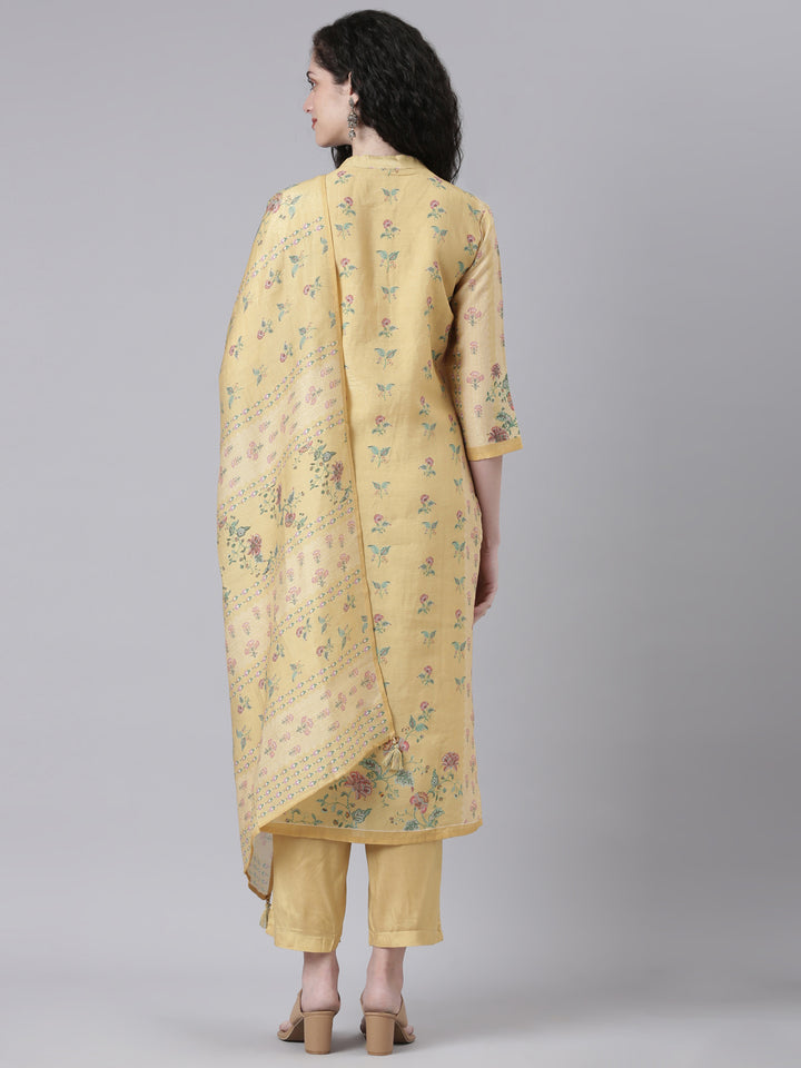 Neerus Yellow Printed Straight Kurta and Trousers With Dupatta