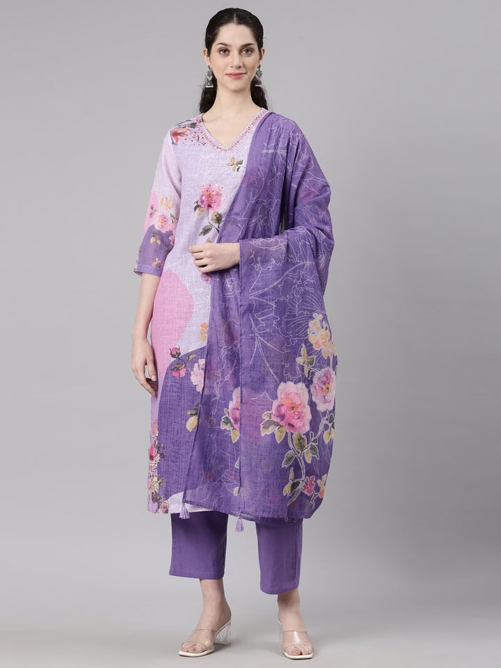 Neerus Purple slub cotton printed suit set - front view
