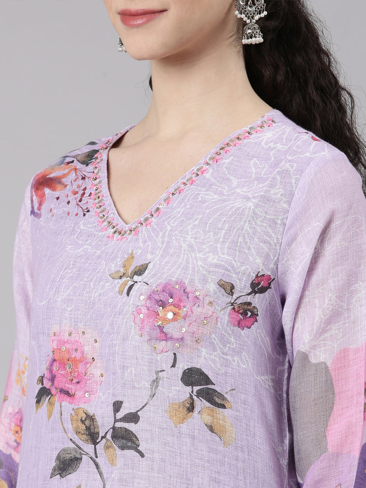 Neerus Purple slub cotton printed suit set - detail view 2