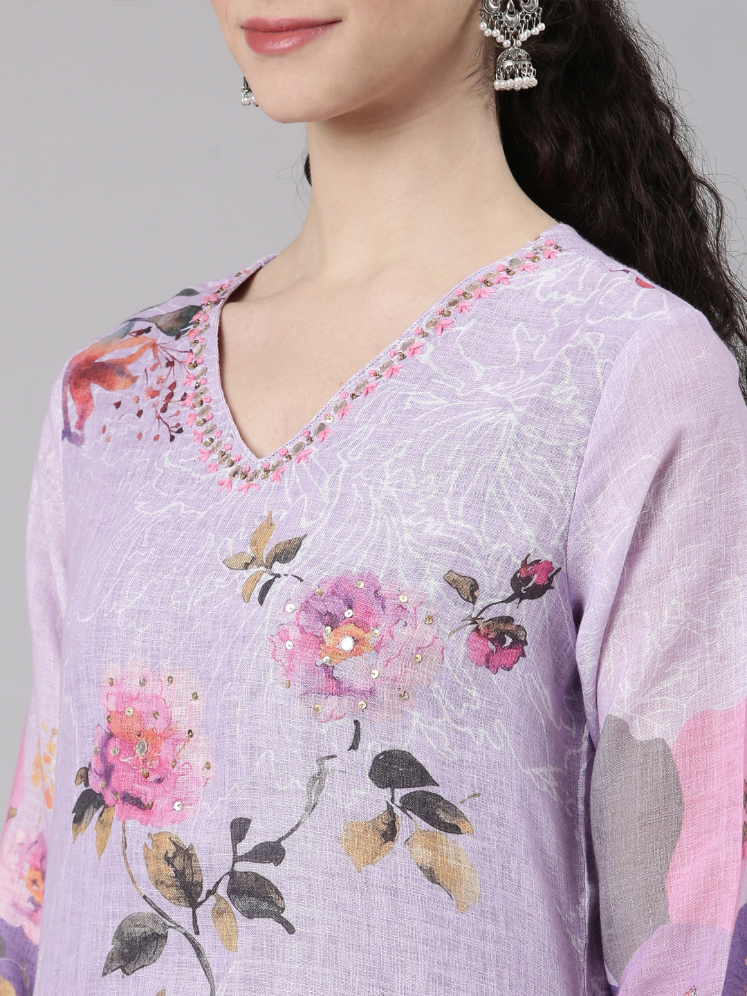 Neerus Lavender Straight Casual Floral Kurta and Trouser with Dupatta
