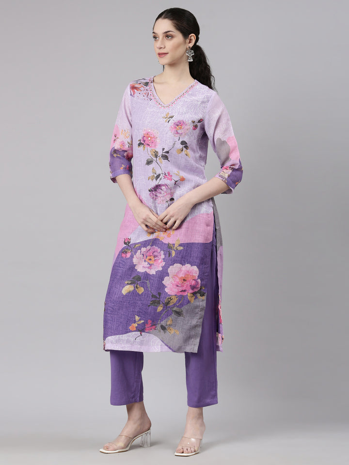 Neerus Purple slub cotton printed suit set - back view