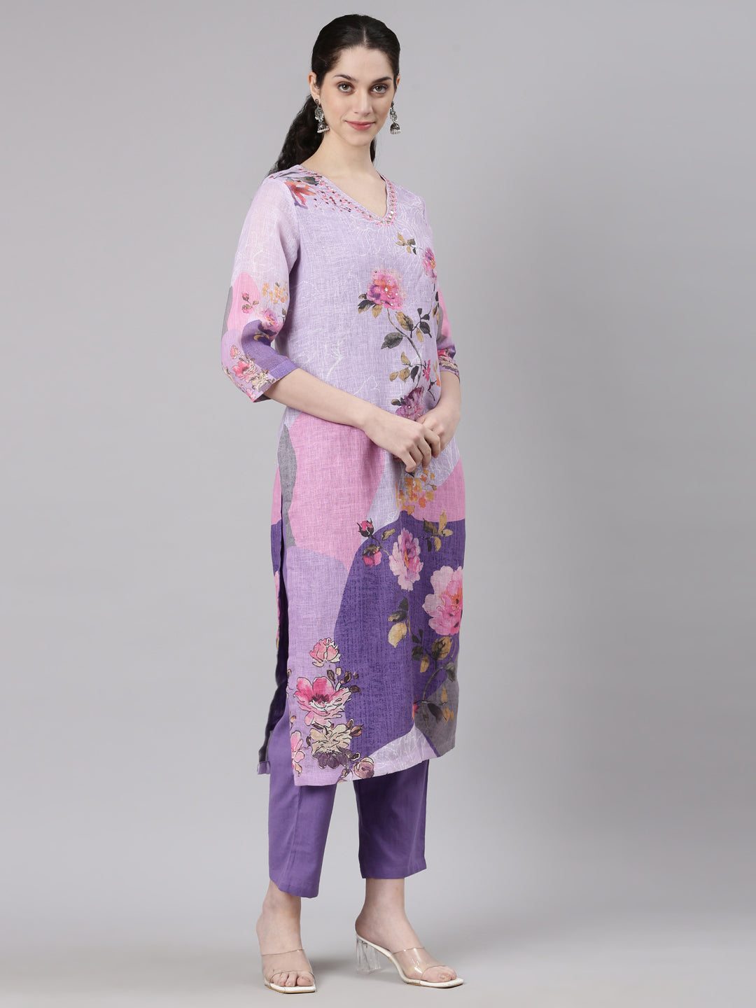 Neerus Purple slub cotton printed suit set - side view