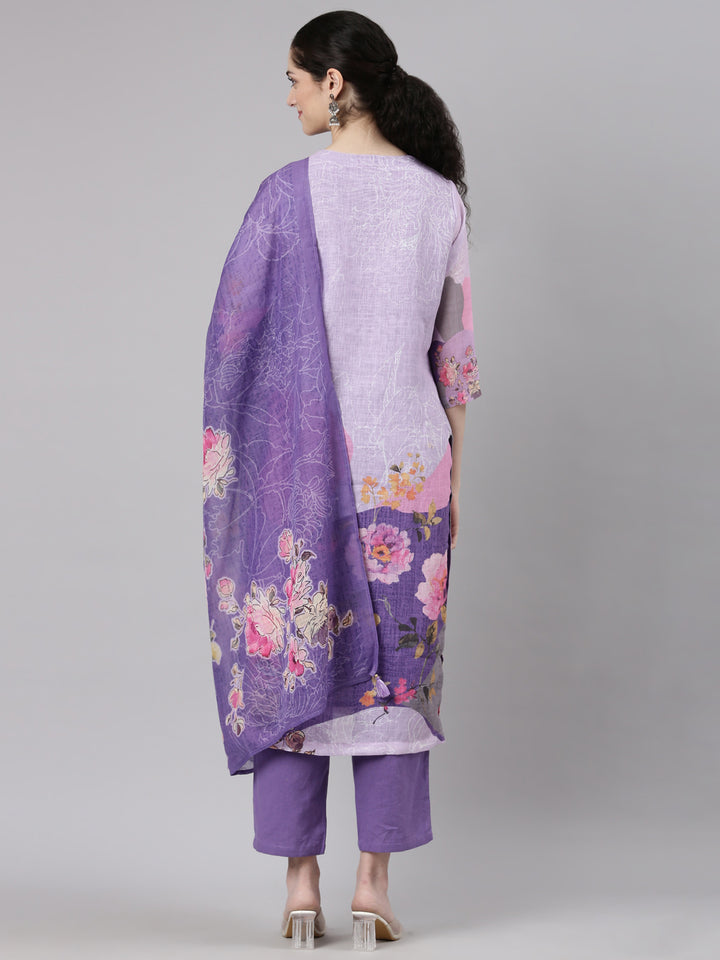 Neerus Purple slub cotton printed suit set - detail view 1