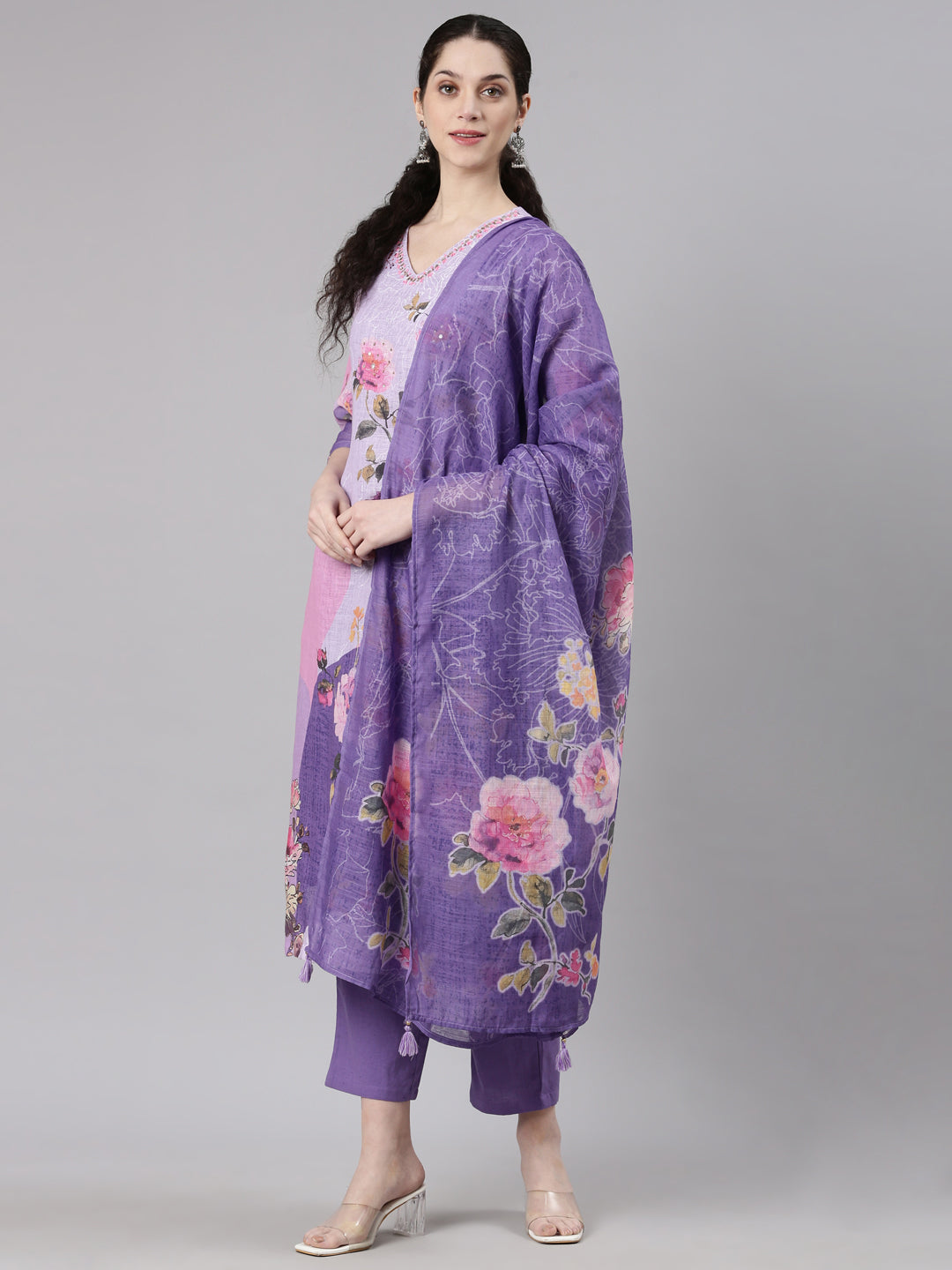 Neerus Purple slub cotton printed suit set - detail view 3