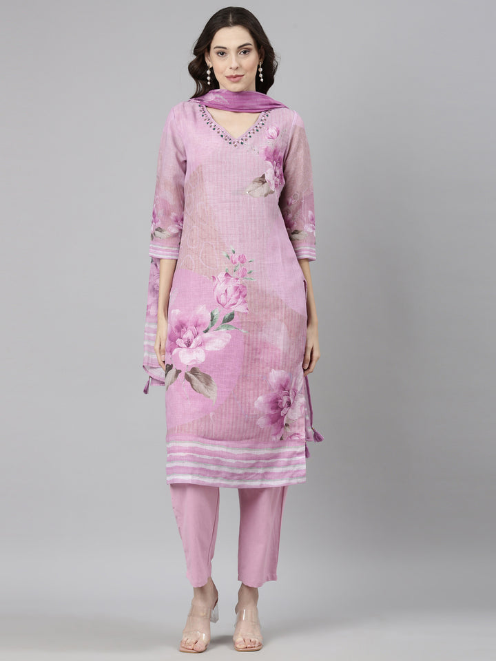 Neerus Purple Casual Floral Straight Kurta and Trousers With Dupatta