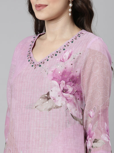 Neerus Purple Casual Floral Straight Kurta and Trousers With Dupatta