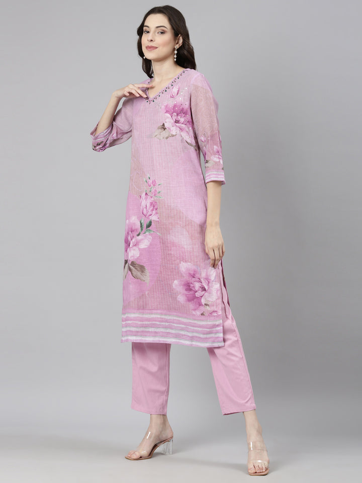 Neerus Purple Casual Floral Straight Kurta and Trousers With Dupatta