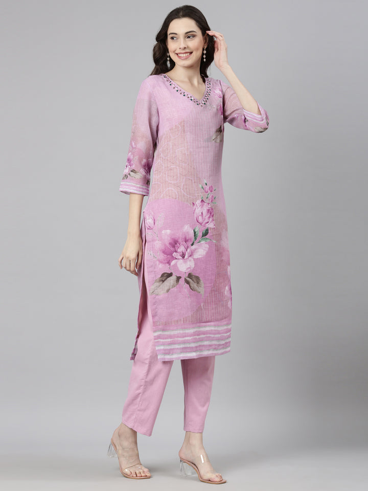 Neerus Purple Casual Floral Straight Kurta and Trousers With Dupatta