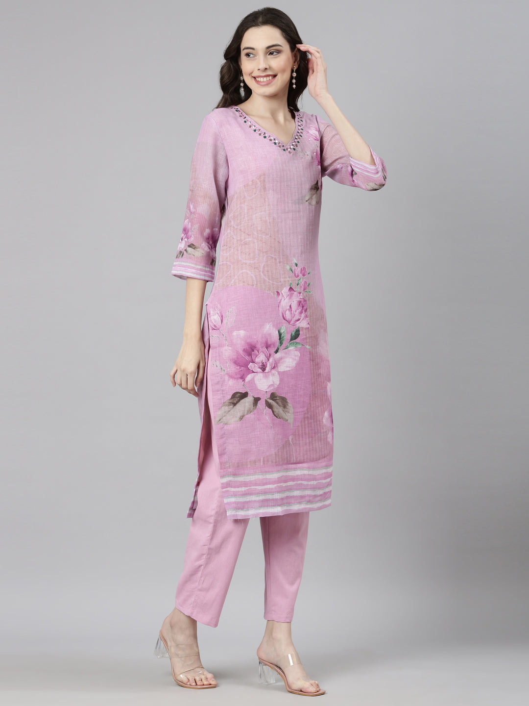 Neerus Purple Casual Floral Straight Kurta and Trousers With Dupatta