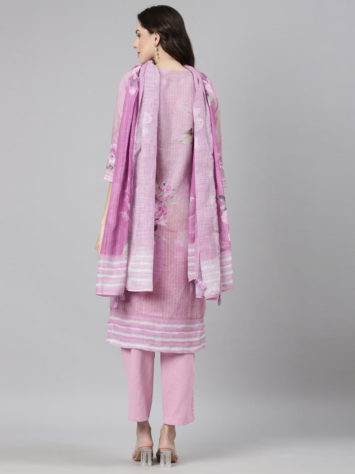 Neerus Purple Casual Floral Straight Kurta and Trousers With Dupatta
