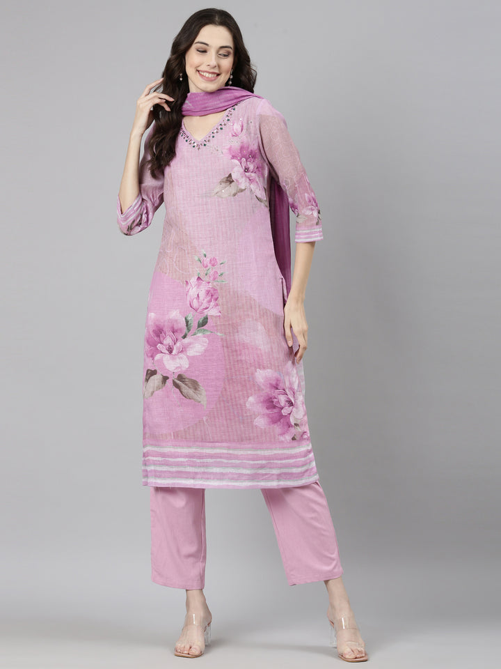 Neerus Purple Casual Floral Straight Kurta and Trousers With Dupatta