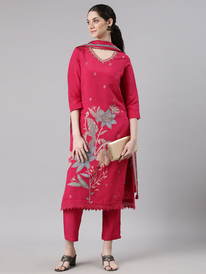 Neerus Pink Straight Casual Floral Kurta and Trouser with Dupatta