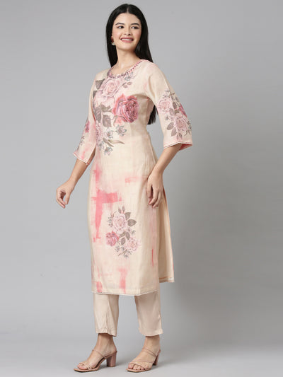 Neerus Pink Casual Floral Straight Kurta and Trousers With Dupatta