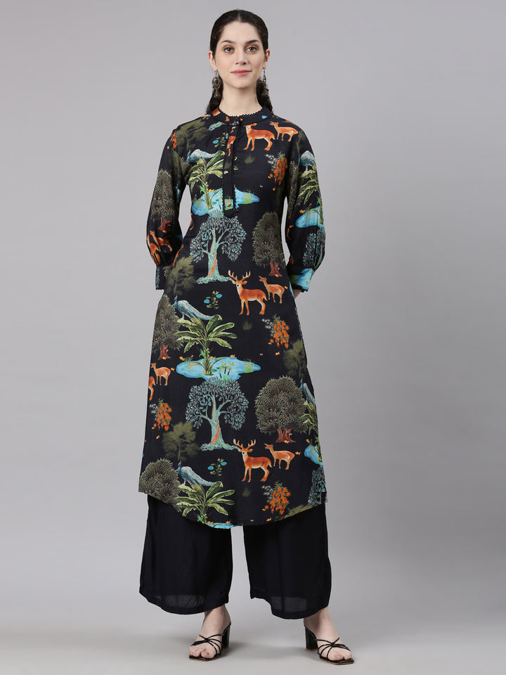 Neerus Black Straight Casual Animal Kurta and Palazzo