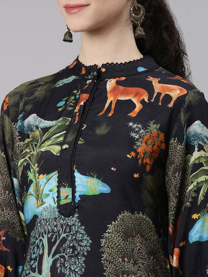 Neerus Black Straight Casual Animal Kurta and Palazzo