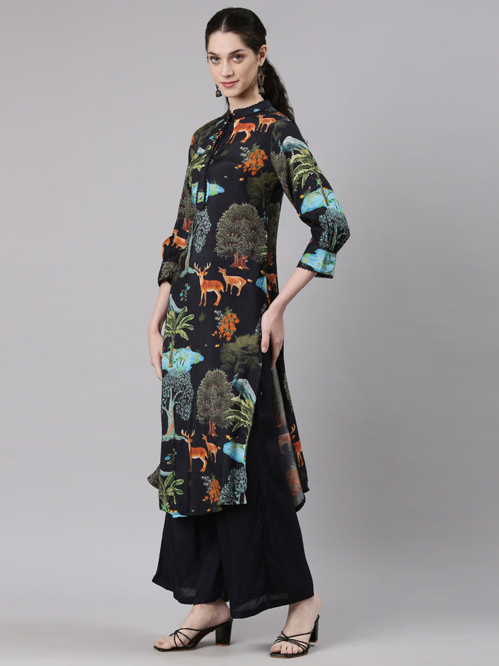 Neerus Black Straight Casual Animal Kurta and Palazzo