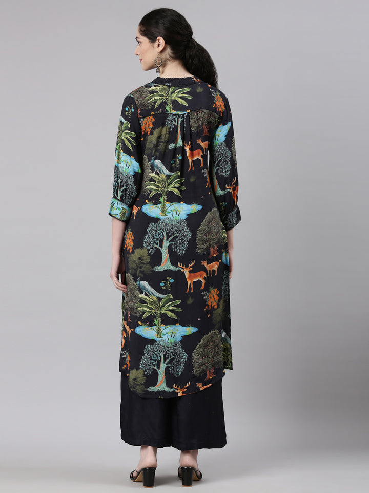 Neerus Black Straight Casual Animal Kurta and Palazzo