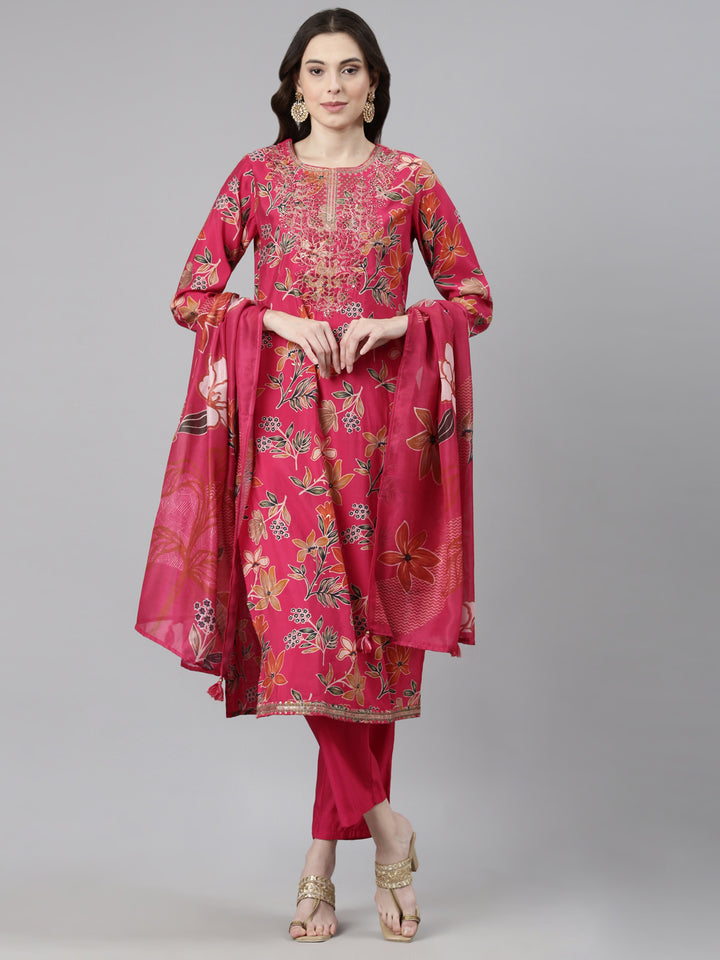 Neerus Pink Casual Floral Straight Kurta and Trousers With Dupatta