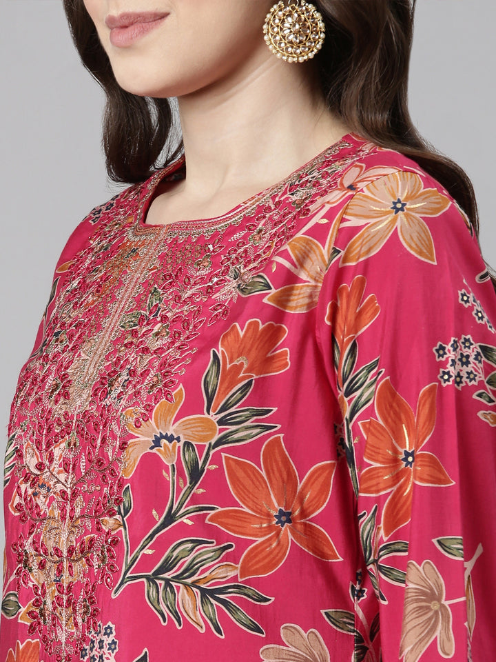 Neerus Pink Casual Floral Straight Kurta and Trousers With Dupatta