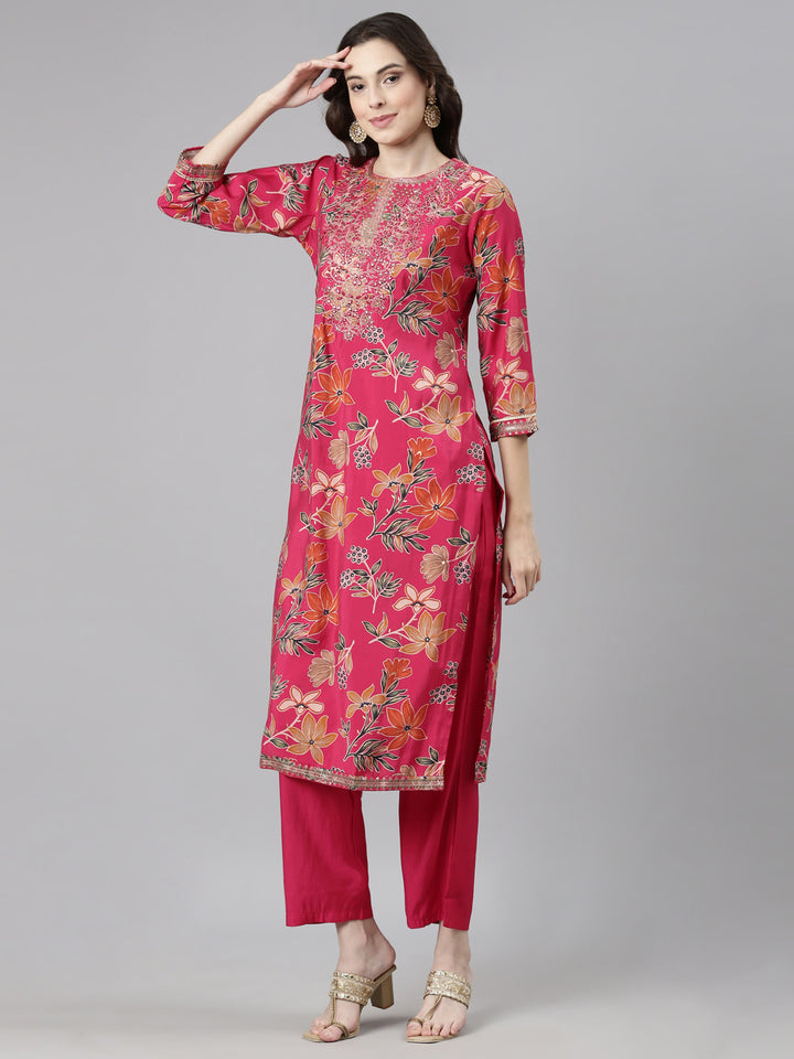 Neerus Pink Casual Floral Straight Kurta and Trousers With Dupatta