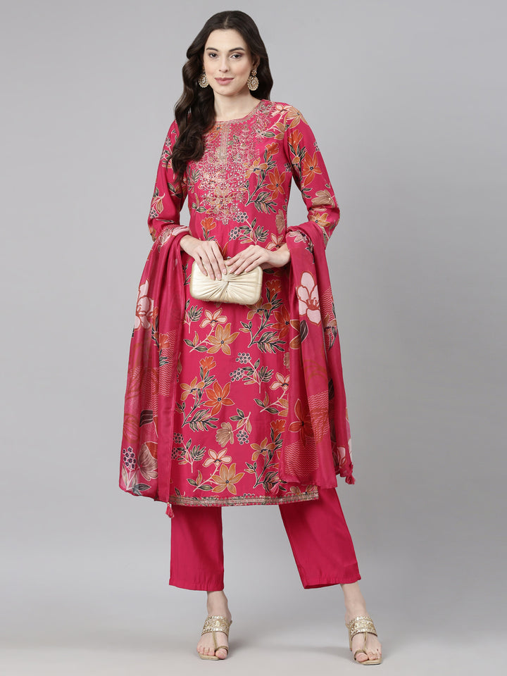 Neerus Pink Casual Floral Straight Kurta and Trousers With Dupatta