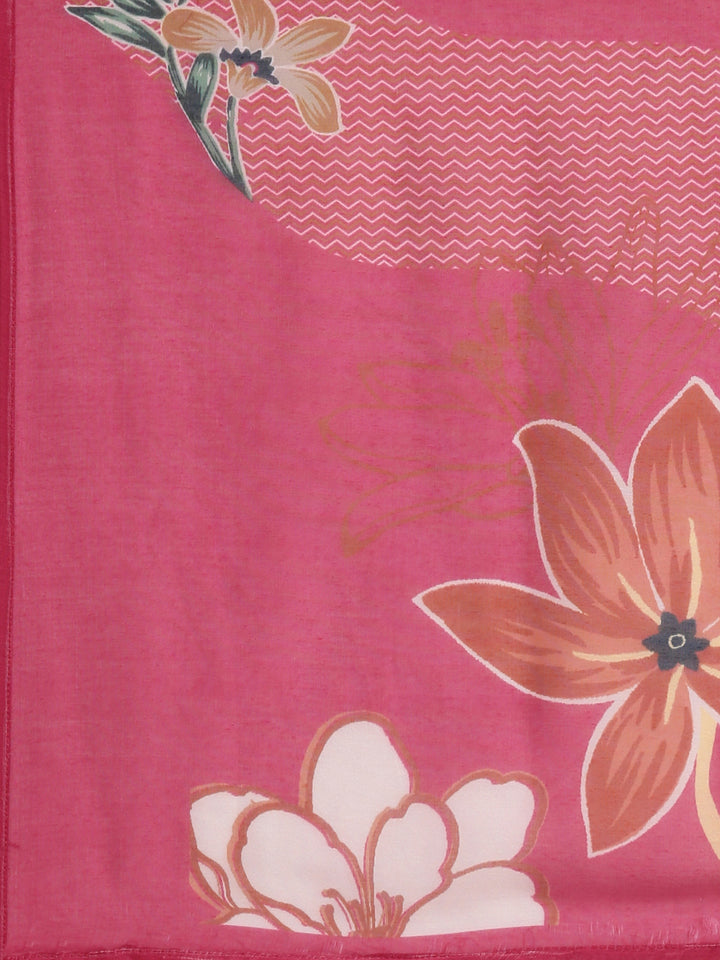 Neerus Pink Casual Floral Straight Kurta and Trousers With Dupatta