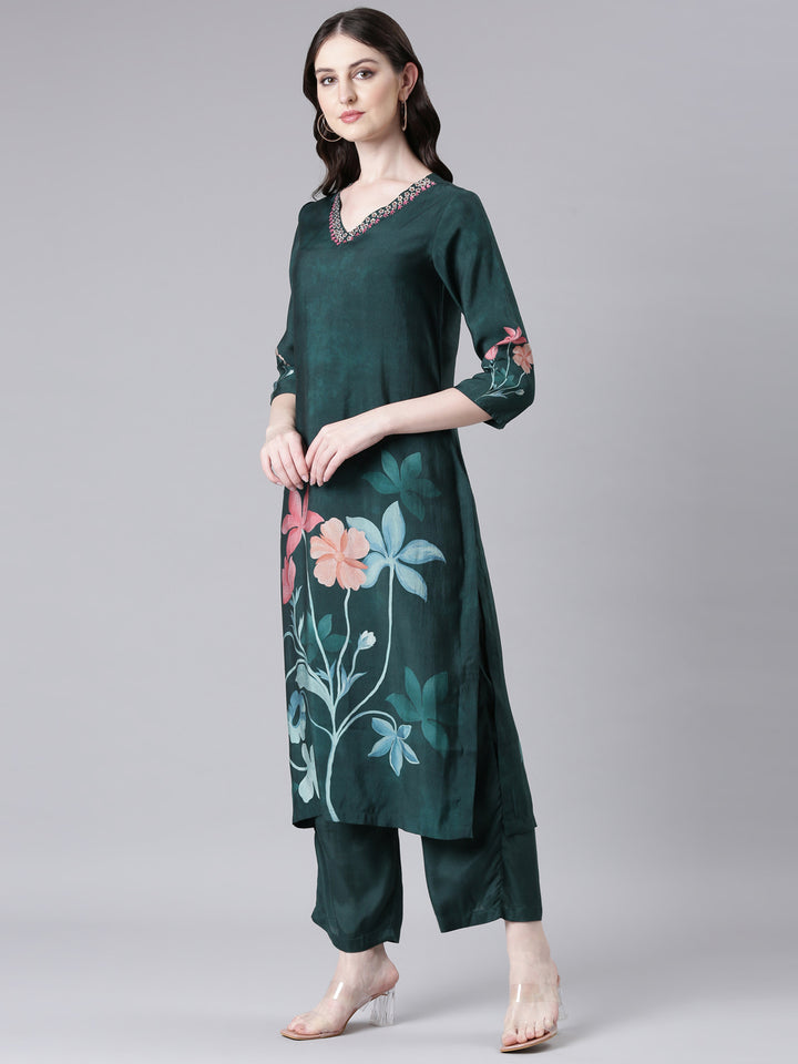 Neerus Green Printed Straight Kurta and Trousers With Dupatta