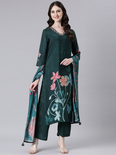 Neerus Green Printed Straight Kurta and Trousers With Dupatta