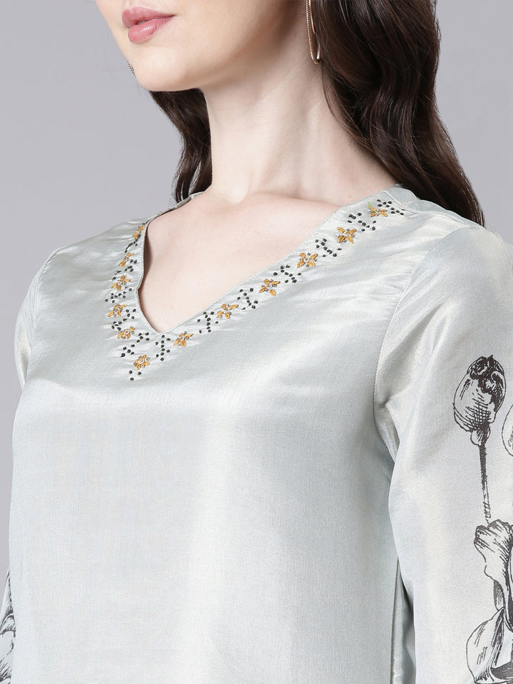 Neerus Grey Printed Straight Kurta and Trousers With Dupatta