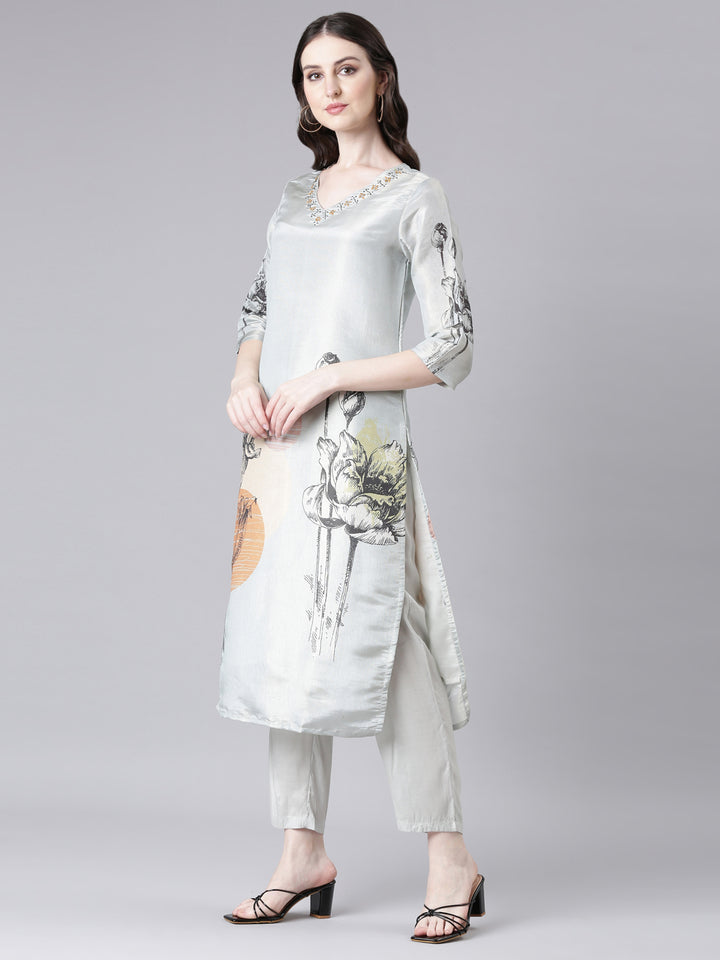 Neerus Grey Printed Straight Kurta and Trousers With Dupatta