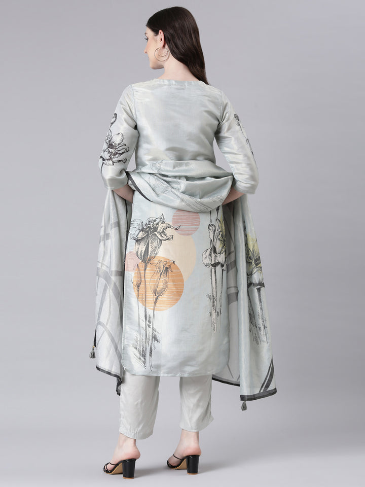 Neerus Grey Printed Straight Kurta and Trousers With Dupatta