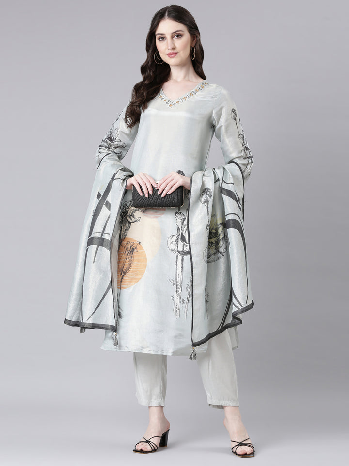 Neerus Grey Printed Straight Kurta and Trousers With Dupatta