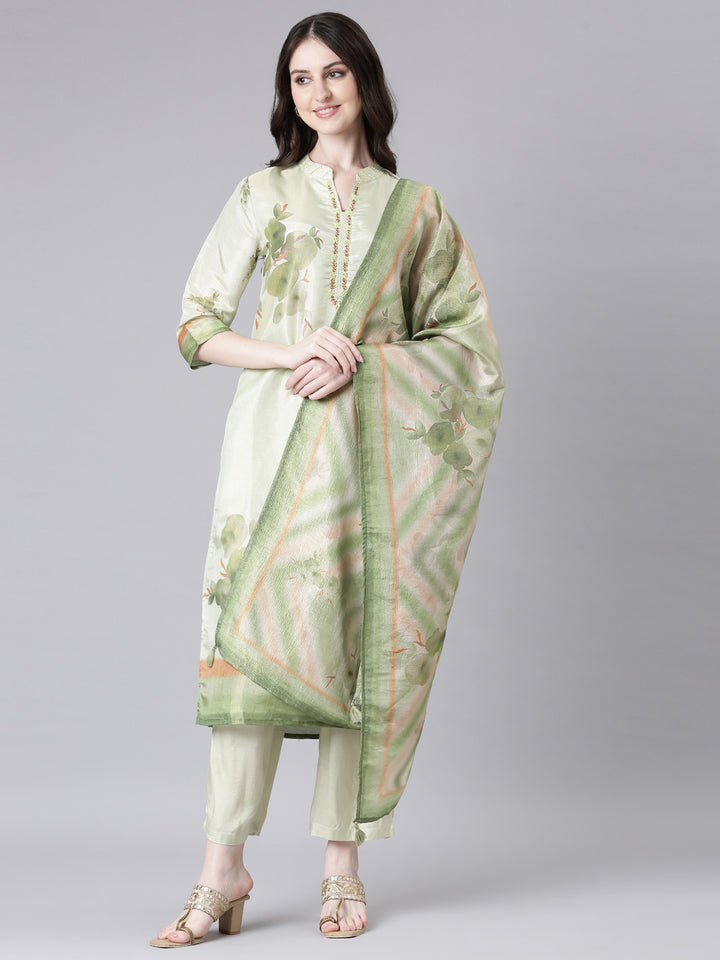 Neerus Lime Green Printed Straight Kurta and Trousers With Dupatta