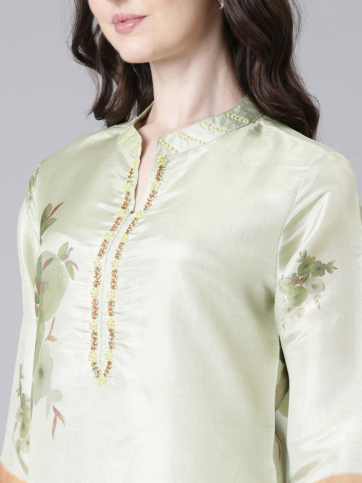 Neerus Lime Green Printed Straight Kurta and Trousers With Dupatta