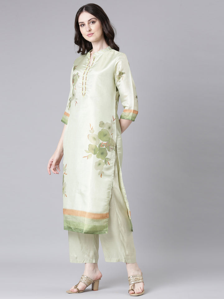 Neerus Lime Green Printed Straight Kurta and Trousers With Dupatta