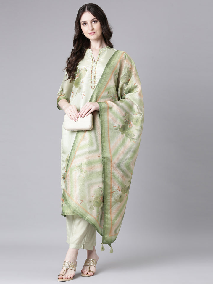 Neerus Lime Green Printed Straight Kurta and Trousers With Dupatta