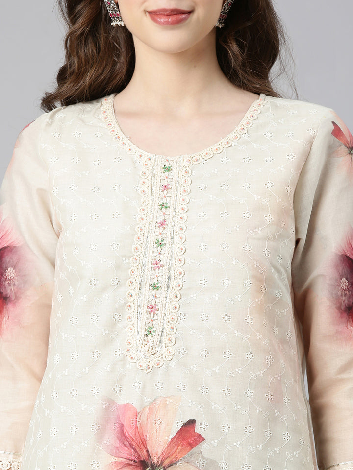 Neerus Mint Printed Straight Kurta and Trousers With Dupatta