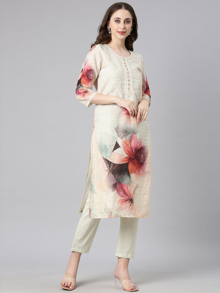 Neerus Mint Printed Straight Kurta and Trousers With Dupatta
