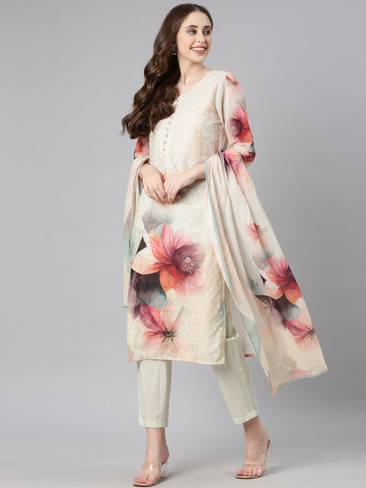 Neerus Mint Printed Straight Kurta and Trousers With Dupatta