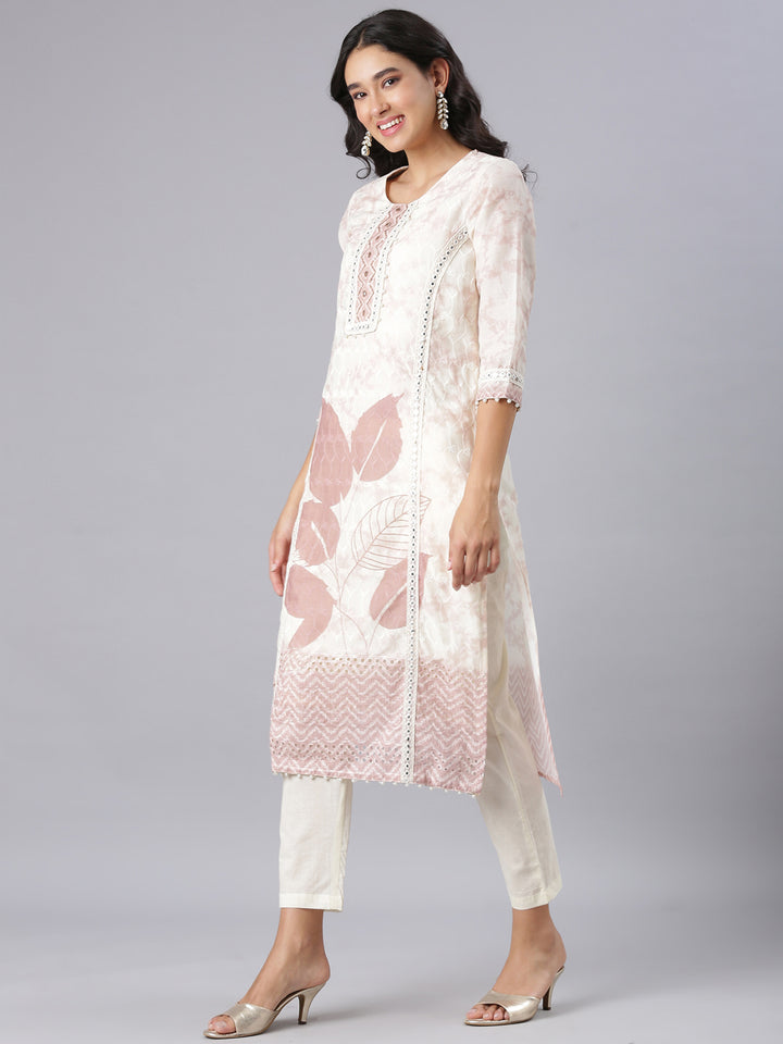 Neerus Cream Printed Straight Kurta And Trousers With Dupatta