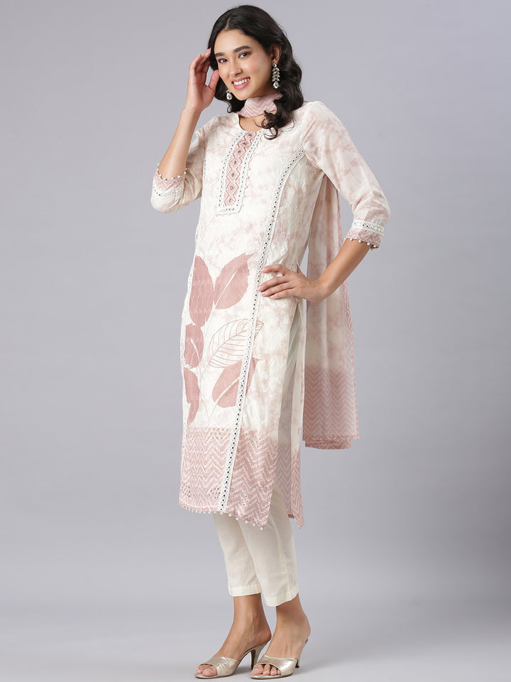 Neerus Cream Printed Straight Kurta And Trousers With Dupatta