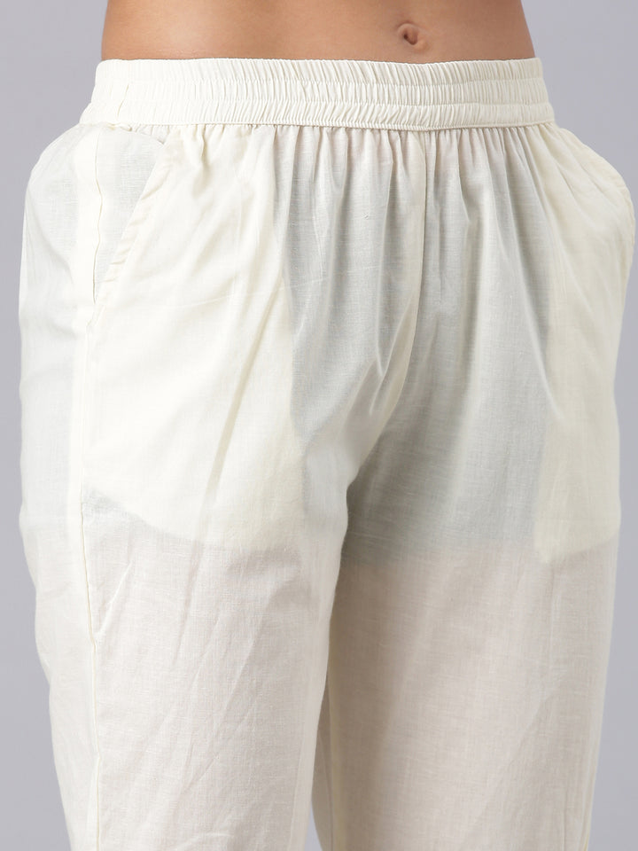 Neerus Cream Printed Straight Kurta And Trousers With Dupatta