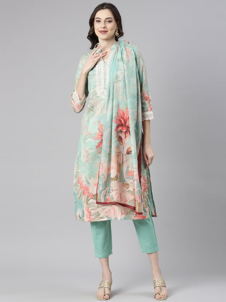 Neerus Green Printed Straight Kurta and Trousers With Dupatta