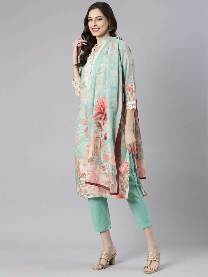 Neerus Green Printed Straight Kurta and Trousers With Dupatta
