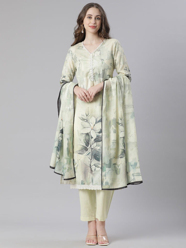 Neerus Green Printed Straight Kurta and Trousers With Dupatta