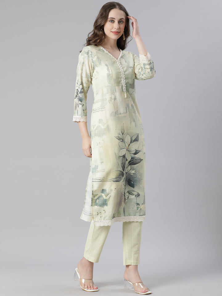 Neerus Green Printed Straight Kurta and Trousers With Dupatta